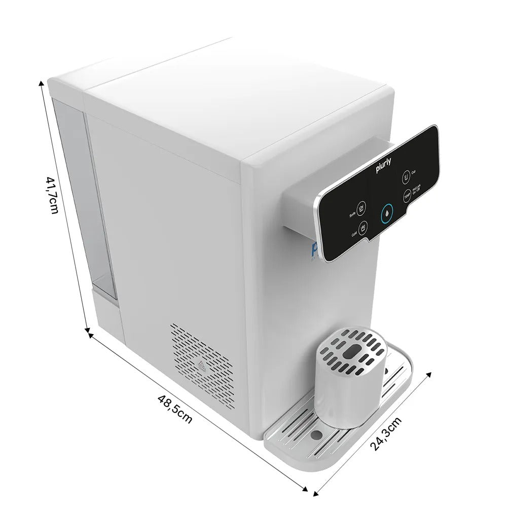 Maße des piurly Systems: Höhe 41,7 cm, Breite 24,3 cm, Tiefe 48,5 cm mit Tropfschale